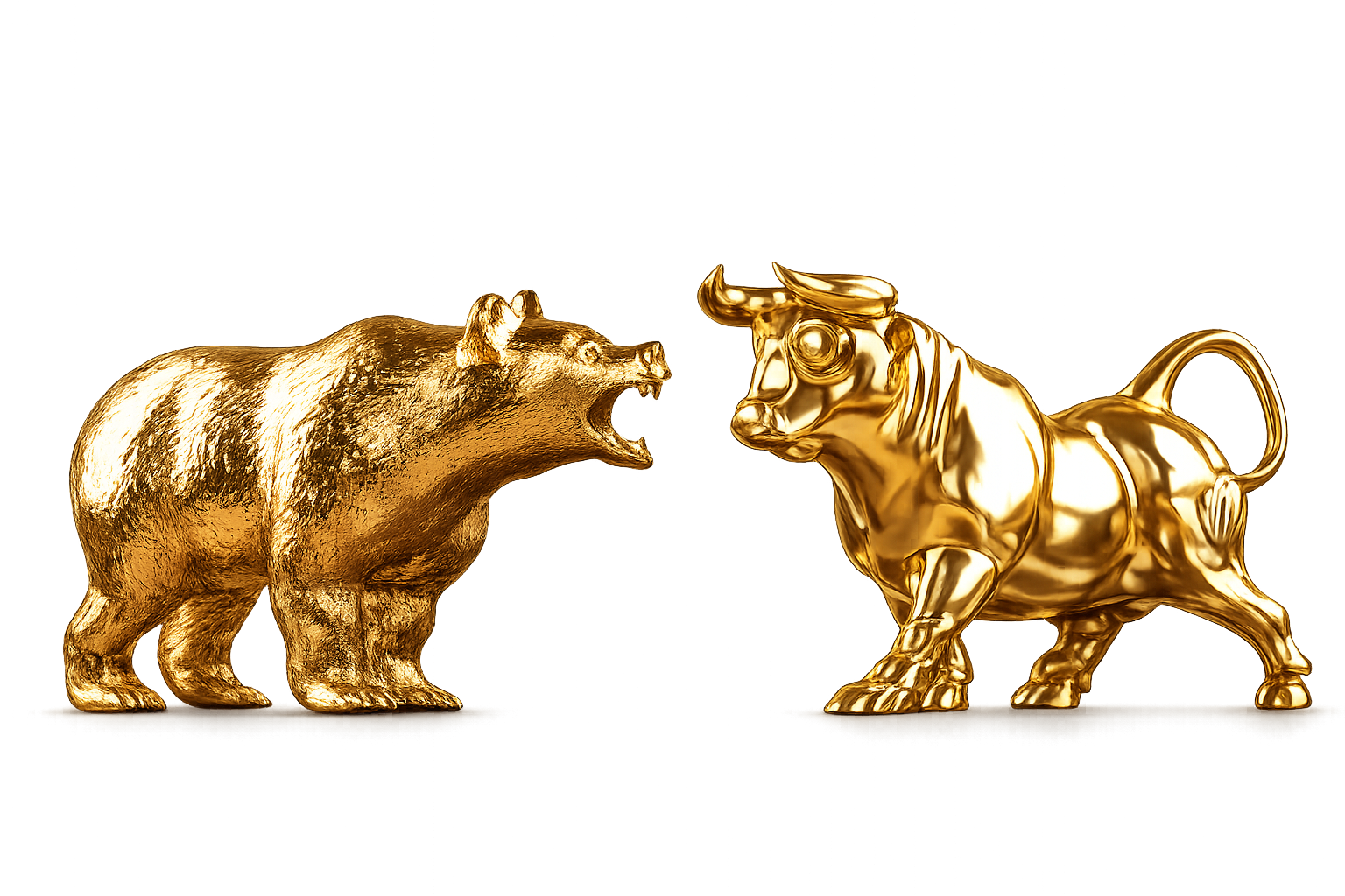 Gold metallic bear and bull symbolizing market forces