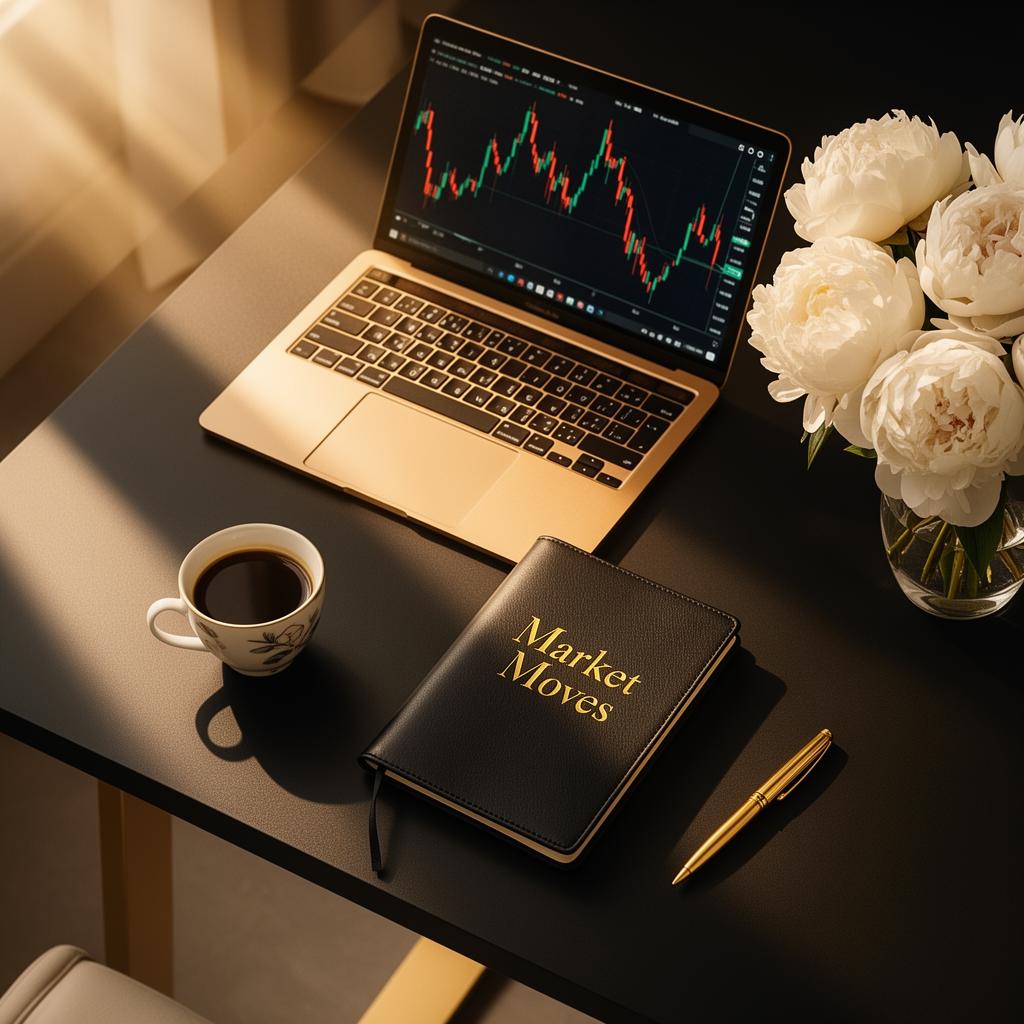 Elegant trading workspace with gold-trimmed laptop, Market Moves journal and white peonies